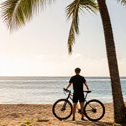 Caribbean Holidays, Puerto Rico Cycling, Cyclist resting beside a calm Caribbean beach in Puerto Rico, bicycle leaning against a palm tree, warm afternoon light
