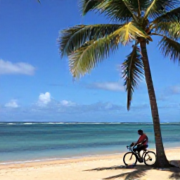 Caribbean Holidays, Puerto Rico Cycling, Cyclist resting beside a quiet Puerto Rican beach with coconut palms, clear blue water and a bicycle leaning nearby
