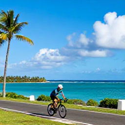 Caribbean Holidays, Puerto Rico Cycling, Cyclist riding along a scenic coastal road in Puerto Rico with turquoise Caribbean water, palm trees and bright tropical light