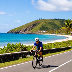 Caribbean Holidays, Puerto Rico Cycling, Cyclist riding along a sunny coastal road in Puerto Rico with turquoise sea, palm trees and tropical hills