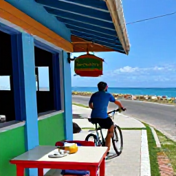 Caribbean Holidays, Puerto Rico Cycling, Cyclist stopping at a colourful Puerto Rican roadside caf&eacute;, bicycle beside a table with coffee, tropical fruit and a view of the coast