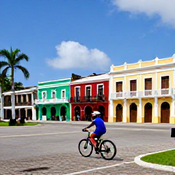 Caribbean Holidays, Puerto Rico Cycling, Cyclist stopping at a colourful Puerto Rican town square with historic buildings, palm trees and a caf&eacute;