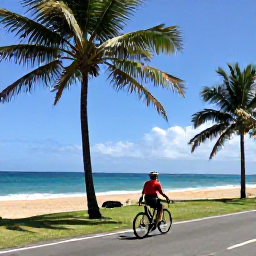 Caribbean Holidays, Puerto Rico Cycling, Cyclist stopping beside a quiet Caribbean beach road in Puerto Rico, with palm trees and turquoise sea