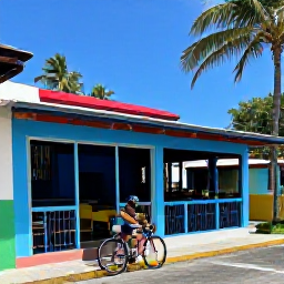 Caribbean Holidays, Puerto Rico Cycling, Cyclist taking a break at a colourful Puerto Rican caf&eacute; with tropical scenery in the background