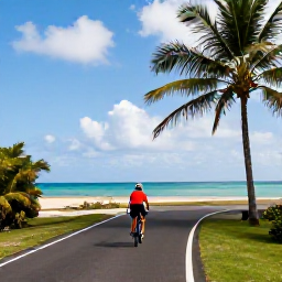 Caribbean Holidays, Puerto Rico Cycling, Cyclist travelling along a quiet coastal road with turquoise sea and palm trees in Puerto Rico