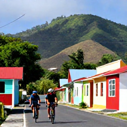Caribbean Holidays, Puerto Rico Cycling, Cyclist travelling along a quiet Puerto Rican road beside tropical hills and colourful roadside houses
