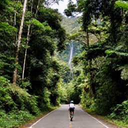Caribbean Holidays, Puerto Rico Cycling, Cyclist travelling through El Yunque National Forest in Puerto Rico, lush rainforest, mountain road, waterfalls and tropical greenery