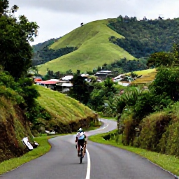 Caribbean Holidays, Puerto Rico Cycling, Cyclist travelling through lush Puerto Rican countryside near the Cordillera Central, winding road, green hills and small villages