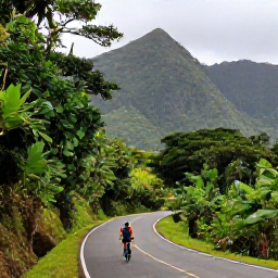 Caribbean Holidays, Puerto Rico Cycling, Cyclist travelling through Puerto Rico's lush central mountains on a quiet winding road, with tropical forest and dramatic views