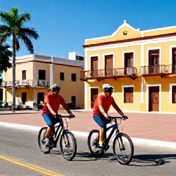 Caribbean Holidays, Puerto Rico Cycling, Friendly cyclists enjoying a colourful Puerto Rican town plaza with colonial buildings and local food