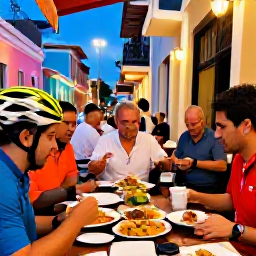 Caribbean Holidays, Puerto Rico Cycling, Friendly cyclists enjoying a meal at an outdoor restaurant in Puerto Rico, local dishes and colourful evening streets