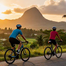 Caribbean Holidays, Puerto Rico Cycling, Happy cyclists overlooking a Puerto Rican valley at sunset with mountains and tropical vegetation