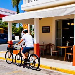 Caribbean Holidays, Puerto Rico Cycling, Outdoor caf&eacute; beside a Puerto Rican street with bicycles parked nearby, February sunshine and relaxed holiday atmosphere