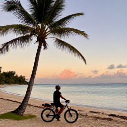 Caribbean Holidays, Puerto Rico Cycling, Relaxed cyclist beside a palm-fringed Puerto Rican beach at sunset, bicycle resting nearby and calm turquoise water