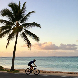 Caribbean Holidays, Puerto Rico Cycling, Road cyclist beside a quiet Caribbean beach in Puerto Rico at sunset, palm trees, calm turquoise water and warm golden light