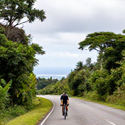 Caribbean Holidays, Puerto Rico Cycling, Road cyclist climbing a green mountain road in El Yunque region of Puerto Rico, tropical forest and distant ocean views