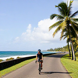 Caribbean Holidays, Puerto Rico Cycling, Road cyclist riding along a scenic coastal route in Puerto Rico in January, bright Caribbean light and palm trees