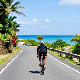 Caribbean Holidays, Puerto Rico Cycling, Road cyclist riding along a scenic Puerto Rican coastal road in warm May sunshine, tropical vegetation and blue Caribbean sea