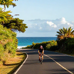 Caribbean Holidays, Puerto Rico Cycling, Road cyclist riding along Puerto Rico&rsquo;s scenic coastal road in warm December sunshine, tropical vegetation and blue Caribbean sea