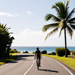 Caribbean Holidays, Puerto Rico Cycling, Road cyclist riding along Puerto Rico's scenic coastal road in warm February sunshine, palm trees and blue Caribbean sea