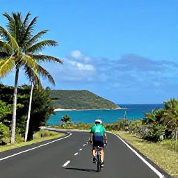 Caribbean Holidays, Puerto Rico Cycling, Road cyclist riding along Puerto Rico's sunny coastal highway in February, with palm trees, blue Caribbean sea and distant green hills