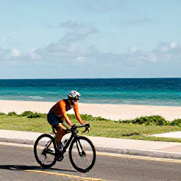 Caribbean Holidays, Puerto Rico Cycling, Road cyclist riding beside a bright Caribbean coastline in Puerto Rico under warm March sunshine