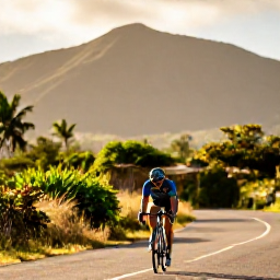 Caribbean Holidays, Puerto Rico Cycling, Road cyclist riding through a green Puerto Rican mountain landscape in warm October sunshine