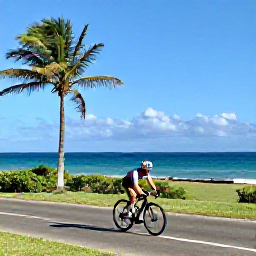 Caribbean Holidays, Puerto Rico Cycling, Road cyclist riding through a sunny Puerto Rican coastal landscape in April, with palm trees and blue Caribbean sea