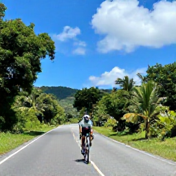 Caribbean Holidays, Puerto Rico Cycling, Road cyclist riding through lush Puerto Rican countryside beneath a bright July sky