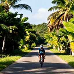 Caribbean Holidays, Puerto Rico Cycling, Road cyclist riding through lush Puerto Rican countryside in warm November sunshine