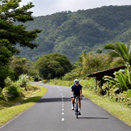 Caribbean Holidays, Puerto Rico Cycling, Road cyclist travelling through lush Puerto Rican countryside with forested hills, quiet lanes and tropical vegetation