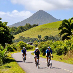 Caribbean Holidays, Puerto Rico Cycling, Road cyclists travelling through lush Puerto Rican hills with tropical vegetation and distant mountain views