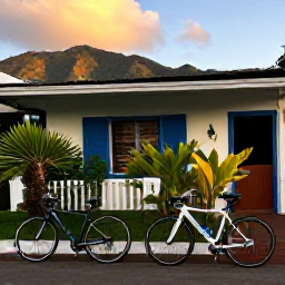 Caribbean Holidays, Puerto Rico Cycling, Two touring bicycles outside a welcoming Puerto Rican guesthouse at sunset, with tropical plants and mountains in the background