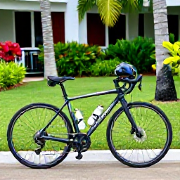 Caribbean Holidays, Puerto Rico Cycling, Well-equipped touring bicycle resting at a Puerto Rican hotel, helmet, water bottles and tropical garden in the background