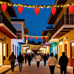 Caribbean Holidays, Puerto Rico December, A colourful Puerto Rican Christmas street decorated with lights, lanterns and festive details, with local families walking through the evening scene