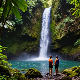 Caribbean Holidays, Puerto Rico December, A couple hiking through lush El Yunque rainforest in Puerto Rico, surrounded by tropical plants, a waterfall and a clear pool