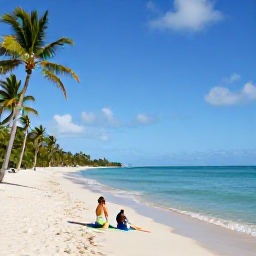 Caribbean Holidays, Puerto Rico December, A couple relaxing on a beautiful Puerto Rican beach with calm turquoise water, white sand and gently swaying palm trees