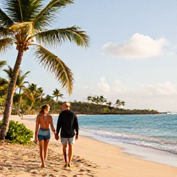 Caribbean Holidays, Puerto Rico December, A couple walking hand in hand along a sunny Puerto Rican beach in December, with turquoise water, palm trees and soft golden light