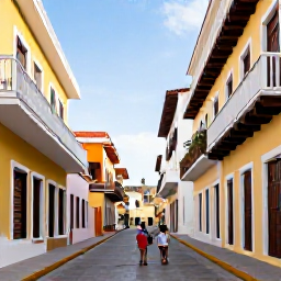 Caribbean Holidays, Puerto Rico December, A family exploring the colourful colonial streets of Old San Juan in daylight, with pastel buildings, balconies and historic fortifications