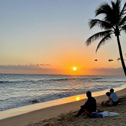 Caribbean Holidays, Puerto Rico December, A family relaxing on a beautiful Puerto Rican beach at sunset, with gentle waves, palm trees and warm evening light