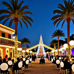 Caribbean Holidays, Puerto Rico December, A festive Puerto Rican town square decorated for Christmas, with palm trees, warm lights, music and couples enjoying the evening
