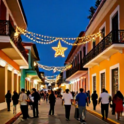 Caribbean Holidays, Puerto Rico December, A lively Puerto Rican Christmas street scene in Old San Juan, with colourful colonial buildings, festive lights and people enjoying the evening
