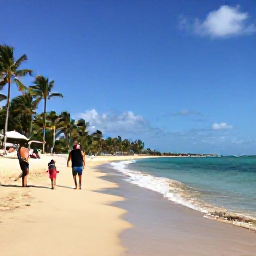 Caribbean Holidays, Puerto Rico December, A sunny Puerto Rican beach with calm turquoise water, soft sand, palm trees and a family enjoying a relaxed December holiday