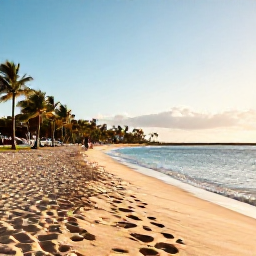 Caribbean Holidays, Puerto Rico December, A wide sandy beach in Puerto Rico at sunrise in December, calm turquoise Caribbean water, palm trees and a few visitors enjoying the shore