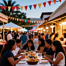 Caribbean Holidays, Puerto Rico December, Backpackers sharing traditional Puerto Rican food at a festive outdoor market in December, with colourful decorations and warm evening light