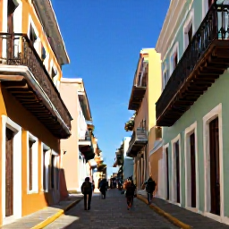 Caribbean Holidays, Puerto Rico December, Backpackers walking through colourful Old San Juan streets beneath December sunshine, with blue skies and historic Spanish colonial buildings