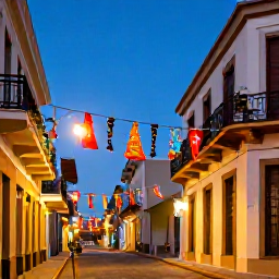 Caribbean Holidays, Puerto Rico December, Colourful Christmas decorations and warm evening street life in Old San Juan, Puerto Rico