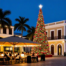 Caribbean Holidays, Puerto Rico December, Colourful Christmas decorations and warm lights in a historic Old San Juan plaza at evening, with caf&eacute;s and relaxed visitors