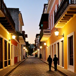 Caribbean Holidays, Puerto Rico December, Colourful colonial streets in Old San Juan at dusk, with a couple exploring historic buildings and warm street lights