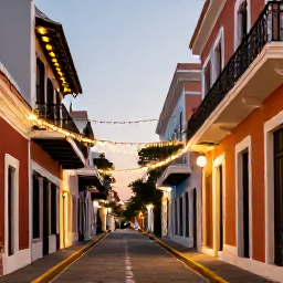 Caribbean Holidays, Puerto Rico December, Colourful colonial streets in Old San Juan decorated with subtle Christmas lights, warm evening light, Puerto Rico